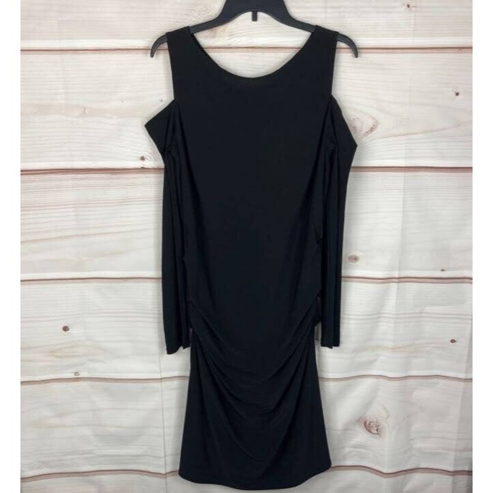 Laundry Shelly Segal Dress Womens 12 Black Cold Shoulder Ruched Long Sleeve Knit